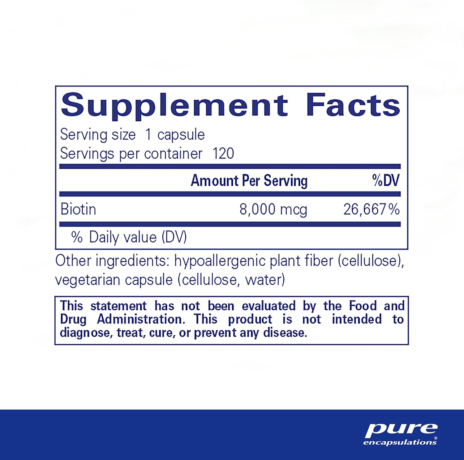 Pure Encapsulations Biotin 8 mg - B Vitamin Supplement to Aid Stress Relief, Hair, Skin & Nail Strengthening, Metabolism, Carbohydrate Support & Nervous System* - with Premium Biotin - 120 Capsules