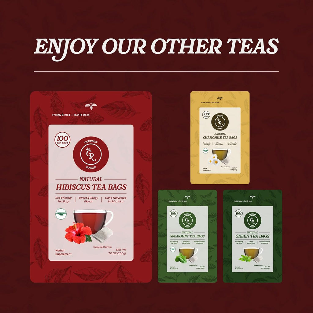 Gourmet Royale Hibiscus Tea, 100 Count, Sustainable Tea Bags, Pure Hibiscus Flowers, Caffeine & Sugar Free, Non-GMO & Vegan, Grown in Sri Lanka, (Pack of 1)