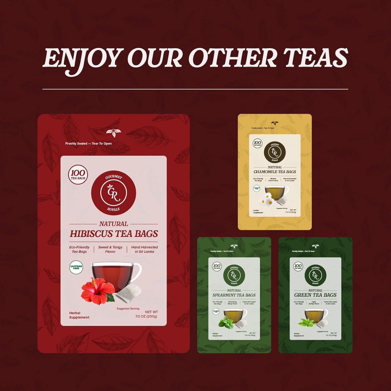 Gourmet Royale Hibiscus Tea, 100 Count, Sustainable Tea Bags, Pure Hibiscus Flowers, Caffeine & Sugar Free, Non-GMO & Vegan, Grown in Sri Lanka, (Pack of 1)
