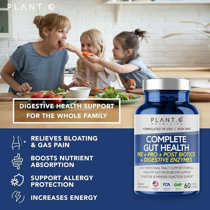 4-in-1 Prebiotic Probiotic & Postbiotic for Women & Men, Complete Gut & Digestive Support Supplement, Pre Post Probiotics & Digestive Enzymes 60 Capsules