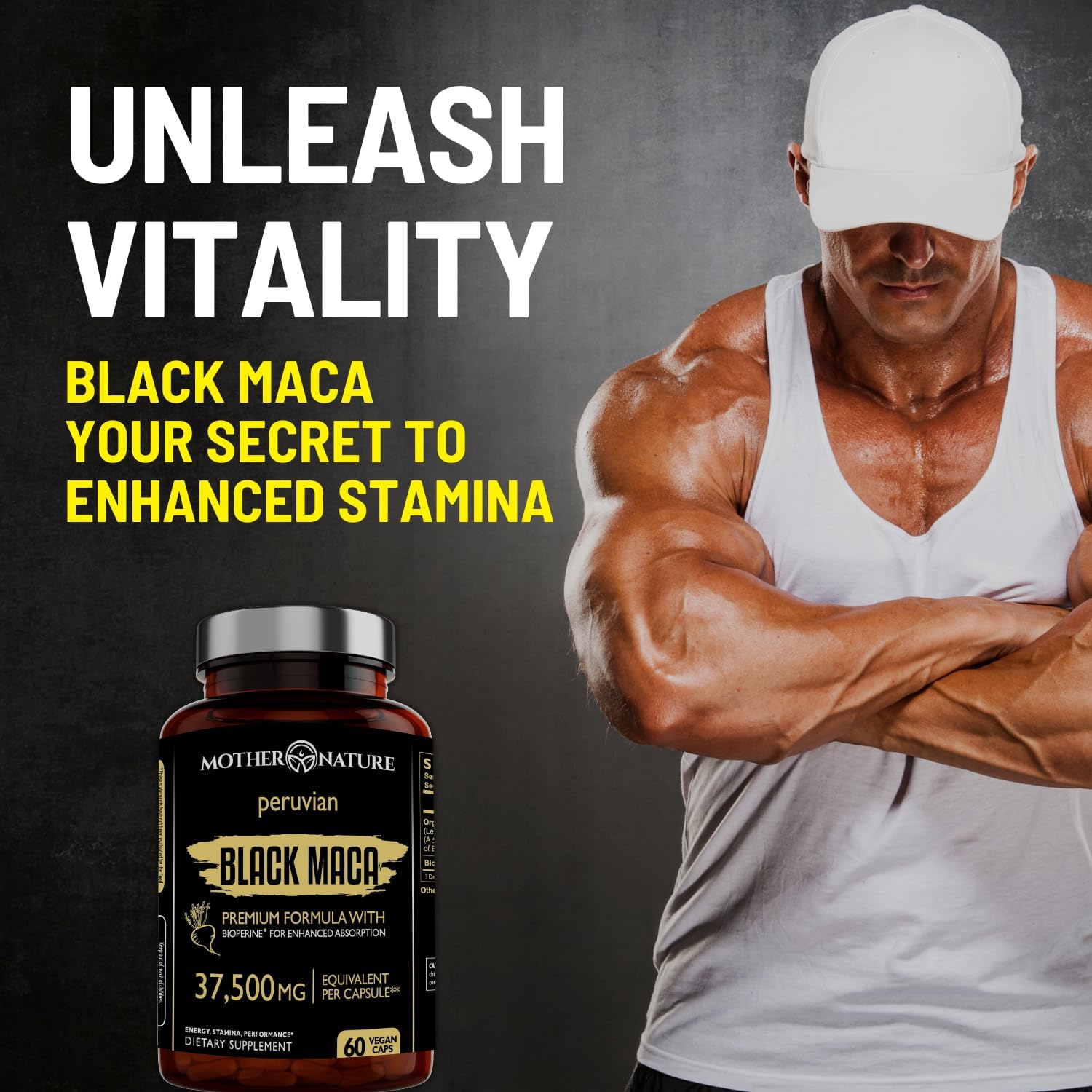 Mother Nature 37,500mg 50x Strength Organic High-Potency Peruvian Black Maca Root Capsules for Men 100% Pure Maca Peruana 50:1 Extract to Boost Stamina, Enegy, Muscle Gain - 60ct