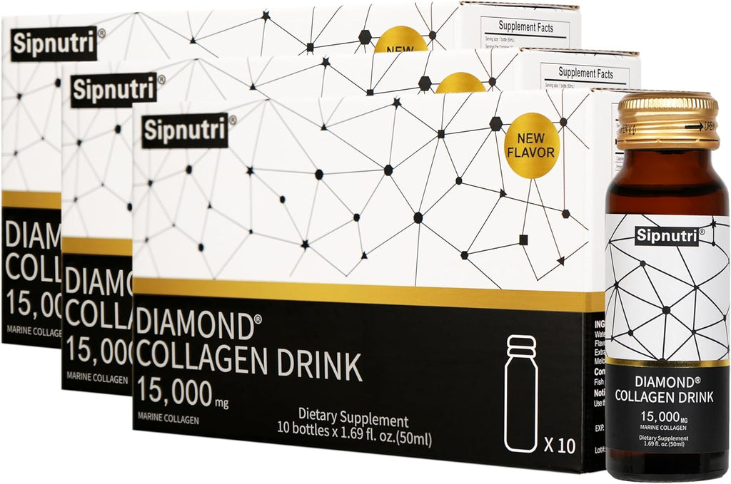 Diamond Liquid Collagen Drink, Gift for Women & Men, 15000 mg Hydrolyzed Marine Collagen Peptides with Vitamin C, Pomegranate, Hair Skin Nails Joints Bones Support, 50 ml x 30 Bottles