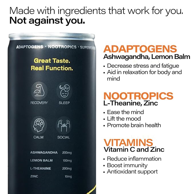 Peak Cocktails Non-Alcoholic Cocktail | Adaptogens, Nootropics, Superfoods for Recovery, Calm, Sleep | Ashwagandha, Tart Cherry, L-Theanine | Mixologist-crafted | Lemon Juniper Fizz | 8.4 oz, 24-Pack