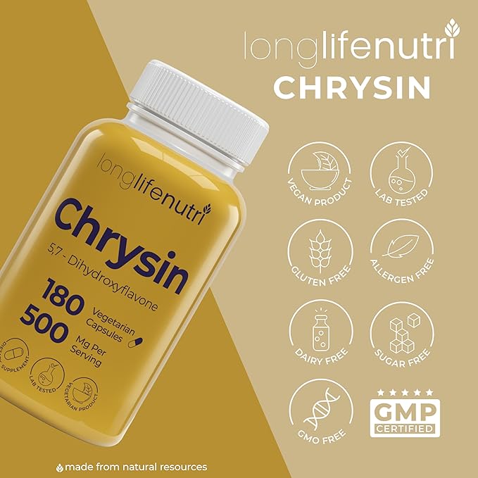 LongLifeNutri Chrysin 500mg – 180 Vegetarian Capsules, from Passion Flower, 5, 7-Dihydroxyflavone, Natural Antioxidant for Overall Wellness, 6-Month Supply, GMP Certified, Made in USA