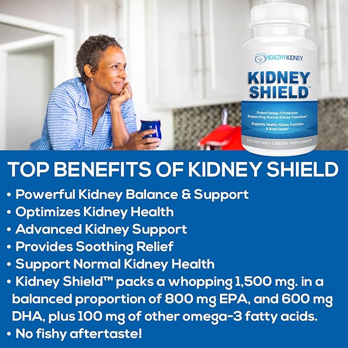 Kidney Shield Omega 3 Fish Oil Supplements - DHA EPA Omega 3 Supplement for Women & Men Kidney Health - Omega3 to Support Normal Kidneys Function & Cleanse, Detox & Repair - 120 Lemon Softgels