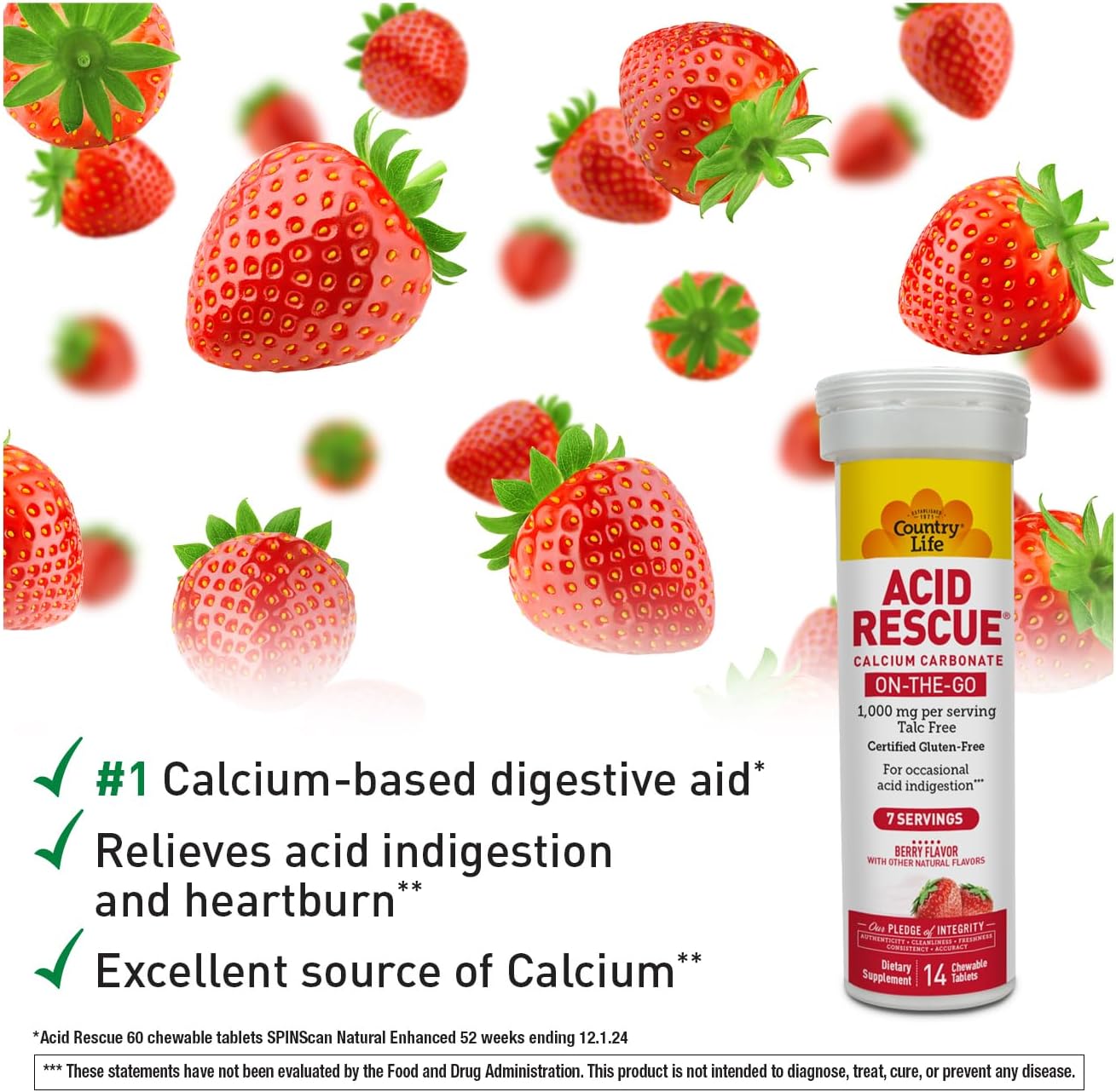 Country Life Acid Rescue On-The-Go Chewable Tablets - Certified Vegan & Gluten-Free Heartburn Relief, 400mg Calcium & Magnesium, Non-GMO, Sugar-Free Berry Flavor, Supports Bone Health, 8 Pack