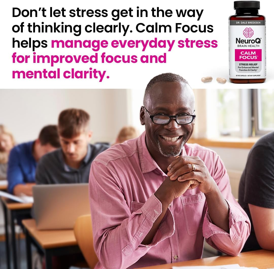 NeuroQ Calm Focus Capsules - Stress Relief Supplement - Supports Mental Function & Relaxation - Sensoril Ashwagandha, Magnesium, GABA, L-Theanine, Andean Cocoa & Kava Kava - 60 Capsules