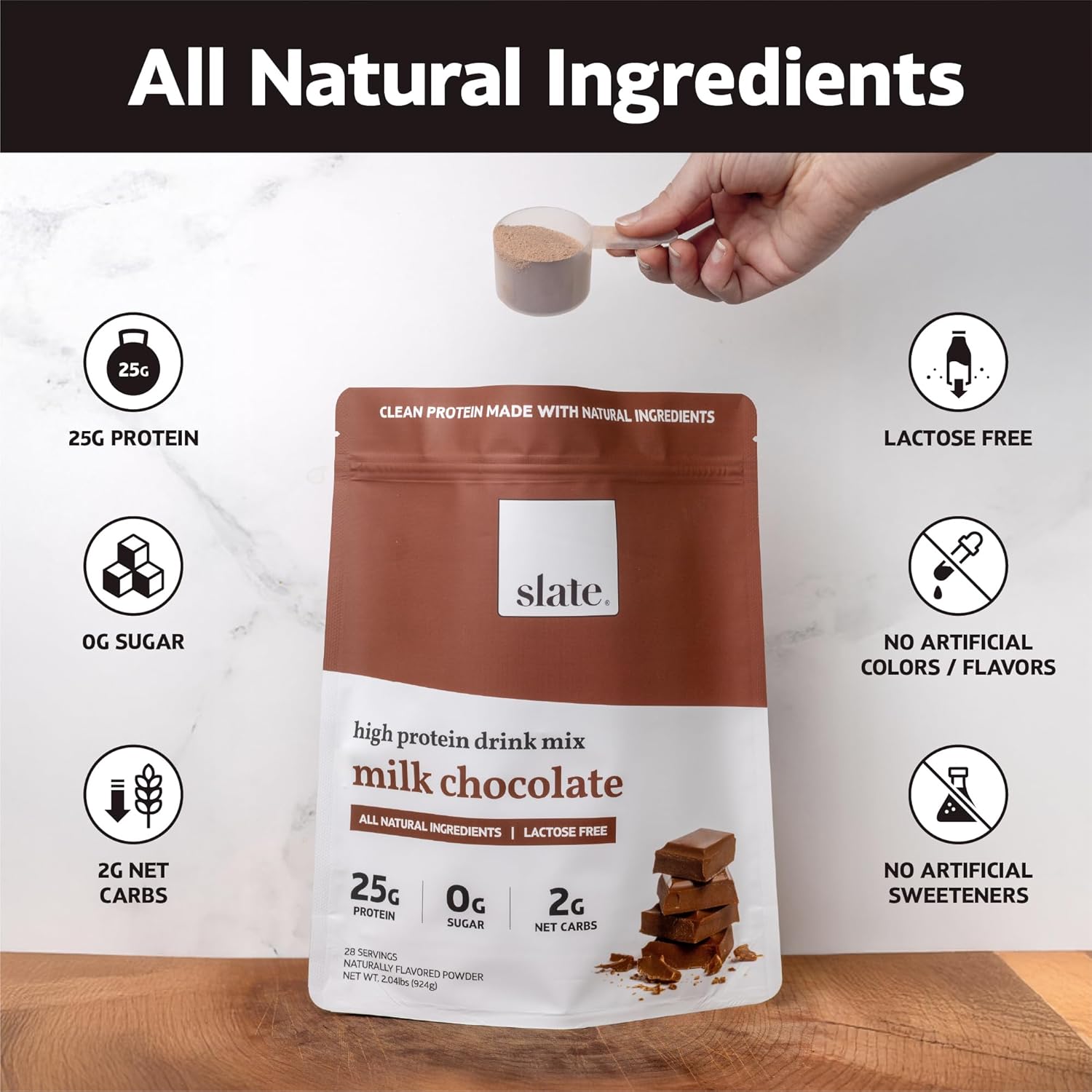Slate Milk -High Protein Drink Mix Powder-Milk Chocolate,28 Servings Bag-Lactose Free,25g Protein,0g Sugar,110 Calories,2g Net Carbs,All Natural Ingredients-Breakfast Boost -Post Workout - 2.04 lbs
