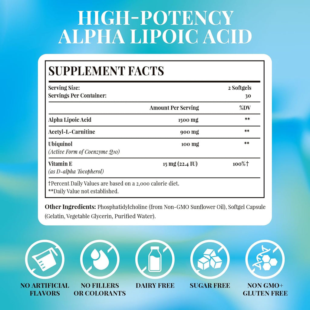 Fogoro Alpha Lipoic Acid 1500 mg-Liposomal ALA Supplement for Cellular Energy Production,Lipid Metabolism,Free Radical Scavenger,120 Softgels