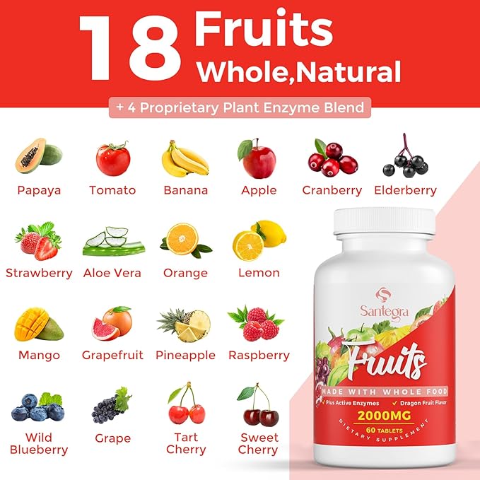 2000 MG Fruit and Veggies Supplement, 35+ Fruits and Vegetables for Daily Variety, 100% Whole Food Superfoods, Natural Vitamins for Women & Men, Sugar-Free, Gluten-Free, Vegan, 240 Tablets