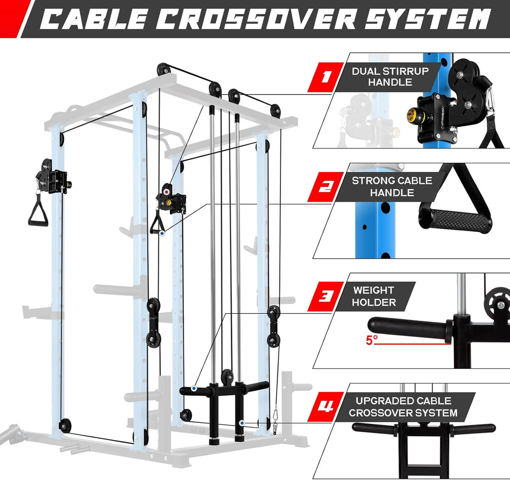 RitFit Multi-Function Squat Rack Power Cage PPC03 with Cable Crossover System, 1000LBS Capacity Power Rack and Packages with Optional Weight Bench, Barbell Weight Set, for Garage Workout & Home Gym