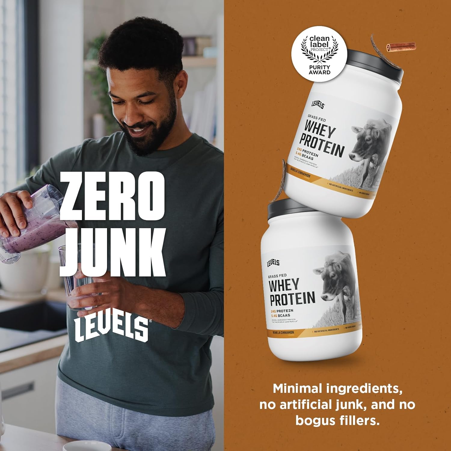 Levels Grass Fed Whey Protein Powder, No Artificials, 24G of Protein, Vanilla Cinnamon, 2LB
