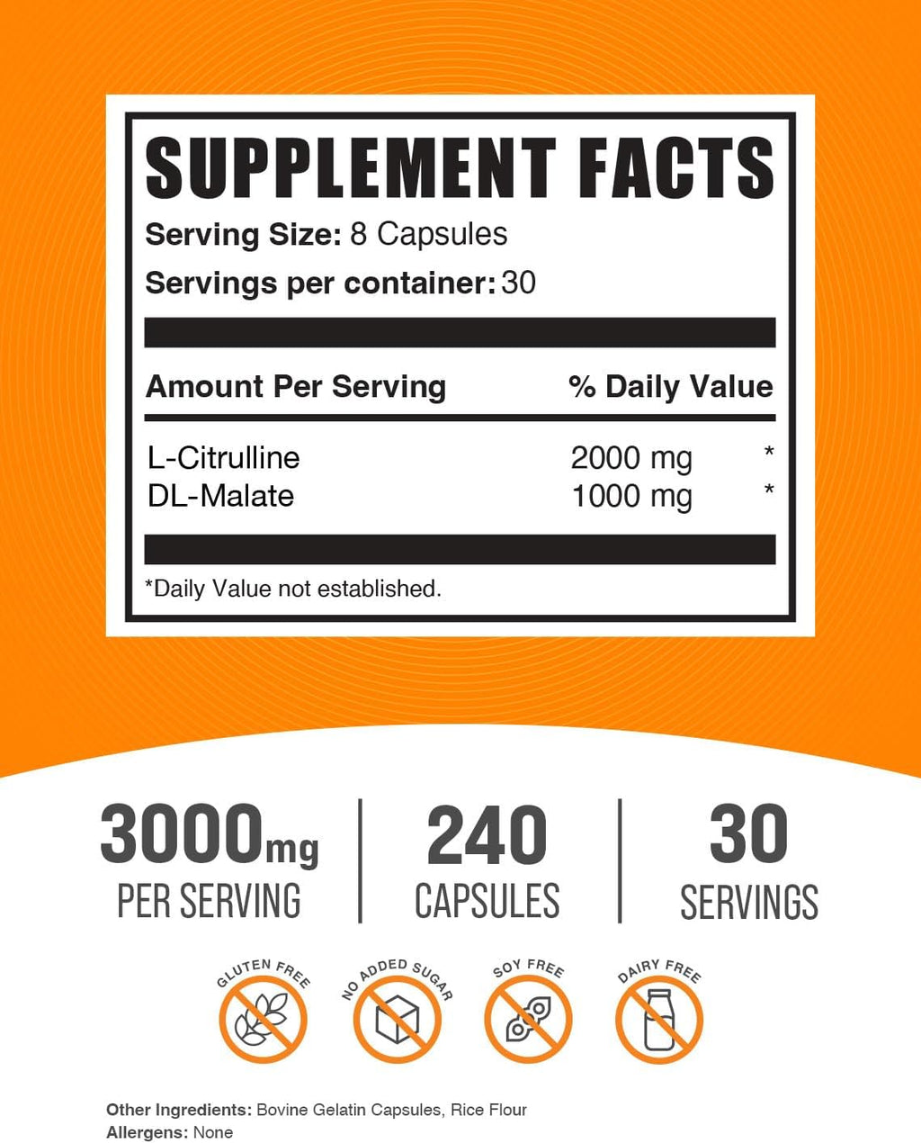 BulkSupplements.com L-Citrulline Malate Capsules - as L-Citrulline Malate 2:1, Nitric Oxide Supplement - Gluten Free, 8 Capsules per Serving (3000mg), 240 Count (Pack of 1)