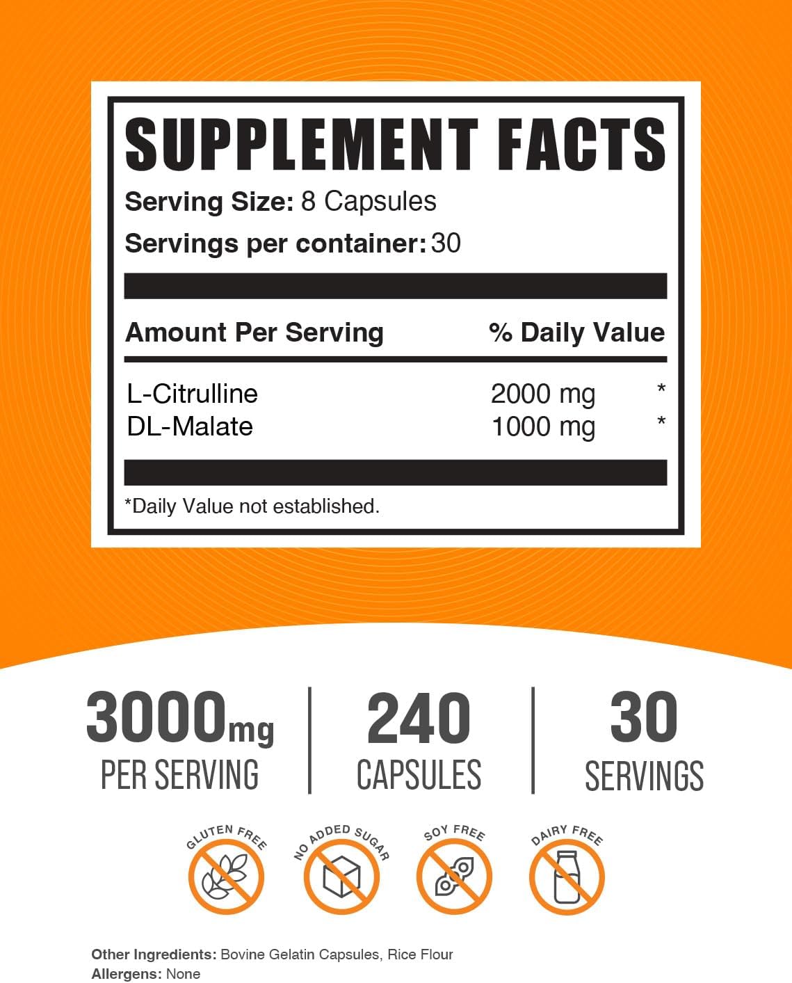 BulkSupplements.com L-Citrulline Malate Capsules - as L-Citrulline Malate 2:1, Nitric Oxide Supplement - Gluten Free, 8 Capsules per Serving (3000mg), 240 Count (Pack of 1)
