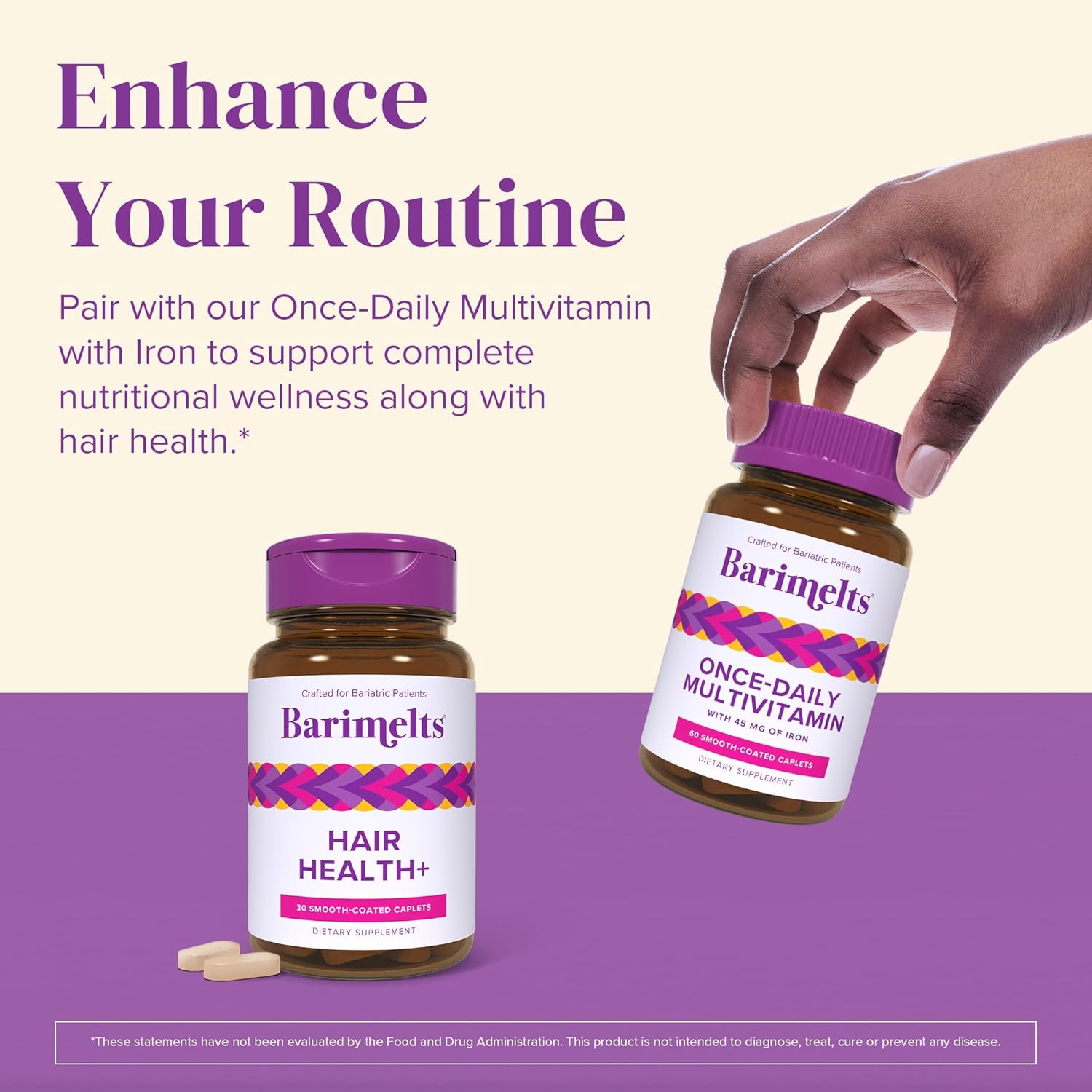 Barimelts Hair Health+ for GLP-1 Users and Bariatric Patients - Hair Growth Supplement Helps Reduce Visible Hair Thinning - 30 Smooth-Coated Caplets (1-Month Supply)