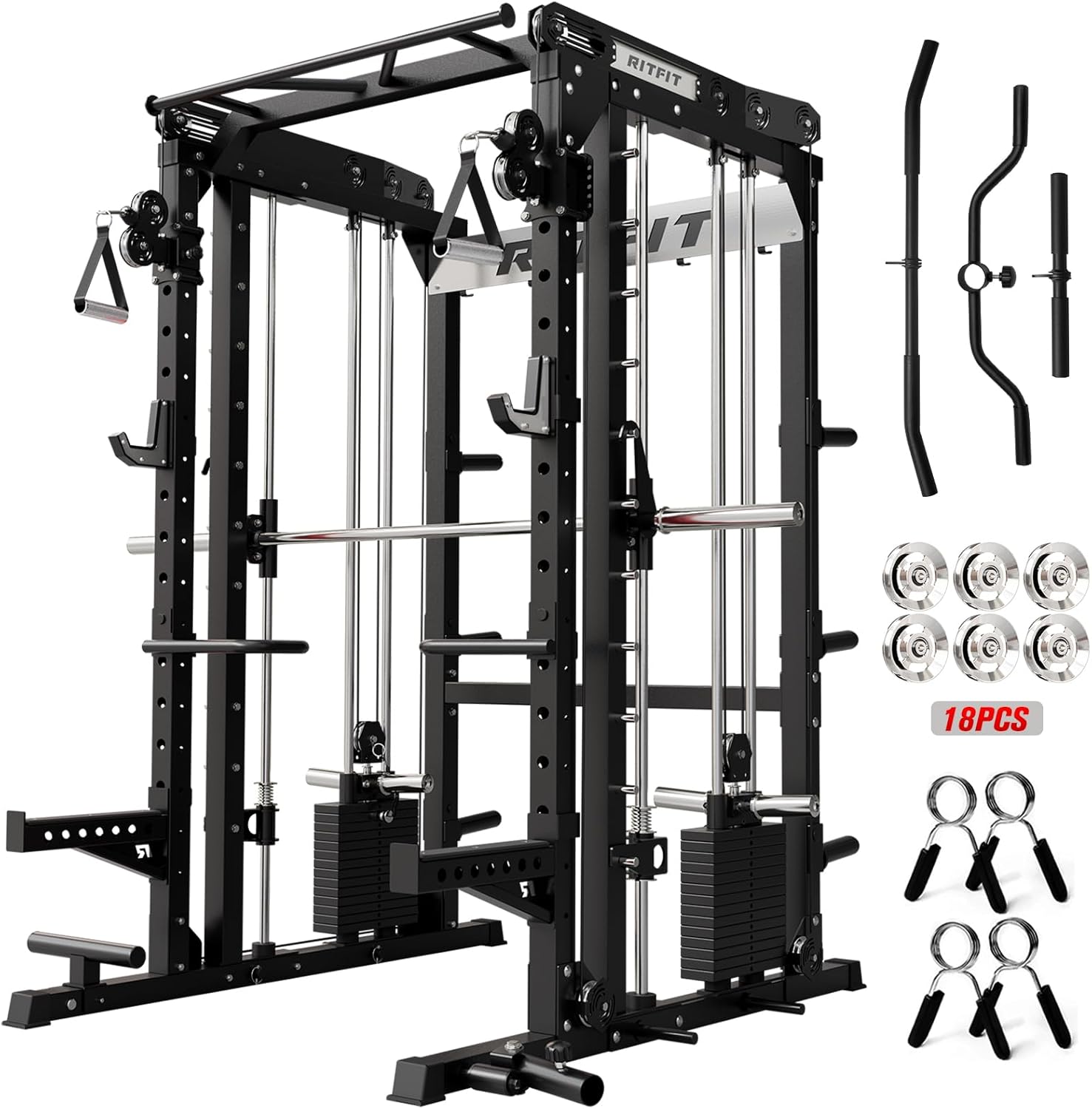 RitFit M2 PRO-3D Smith Machine with Weight Stack, 3D Functional Trainer & Power Cage, 308.6lbs Stack, 16 Adjustment Holes, 6 Storage Pegs for Full-Body Home Gym