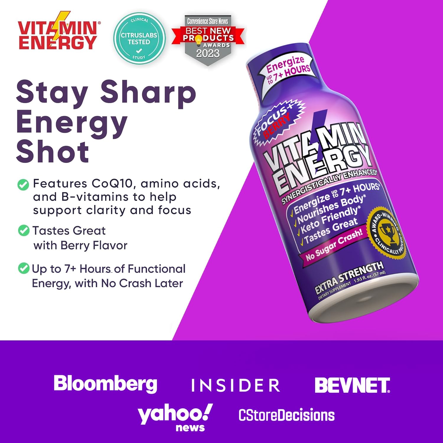 Vitamin Energy Focus+ Extra Strength Energy Shot Berry 10 Pack, 260mg Natural Caffeine, B-Vitamins, CoQ10, Amino Acids, Focus, Productivity & Clarity, Zero Sugar, Gluten-Free, 1.93 fl oz