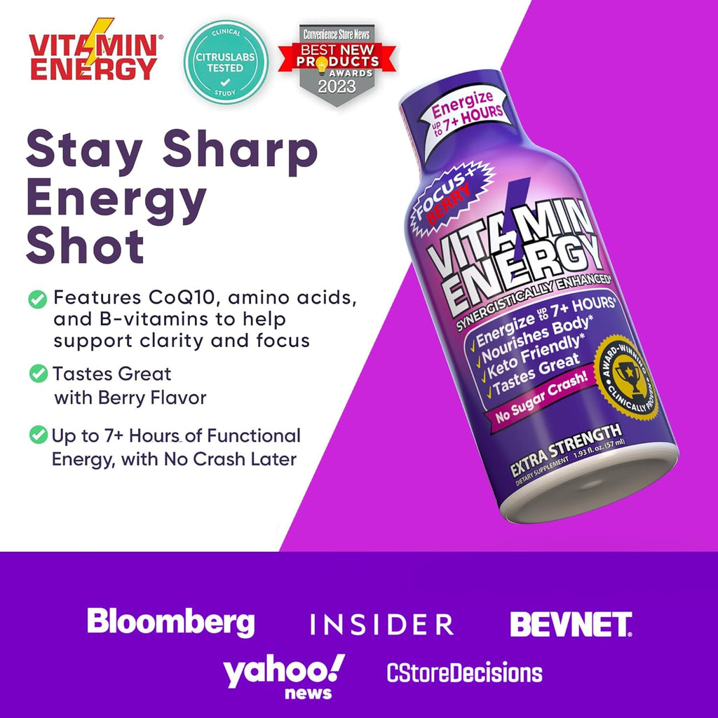 Vitamin Energy Focus+ Extra Strength Energy Shot Berry 12 Pack, 260mg Natural Caffeine, B-Vitamins, CoQ10, Amino Acids, Focus, Productivity & Clarity, Zero Sugar, Gluten-Free, 1.93 fl oz