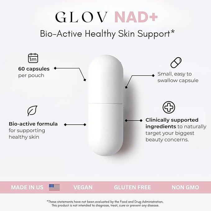 Glov Beauty NAD+ Supplement Capsules - Skin Rejuvenation with Resveratrol, Urolithin A & CoQ10, NAD Supplements for Women 40+, NAD Plus for Healthy Aging, Radiant Skin & Cellular Energy, 60 Veg Caps