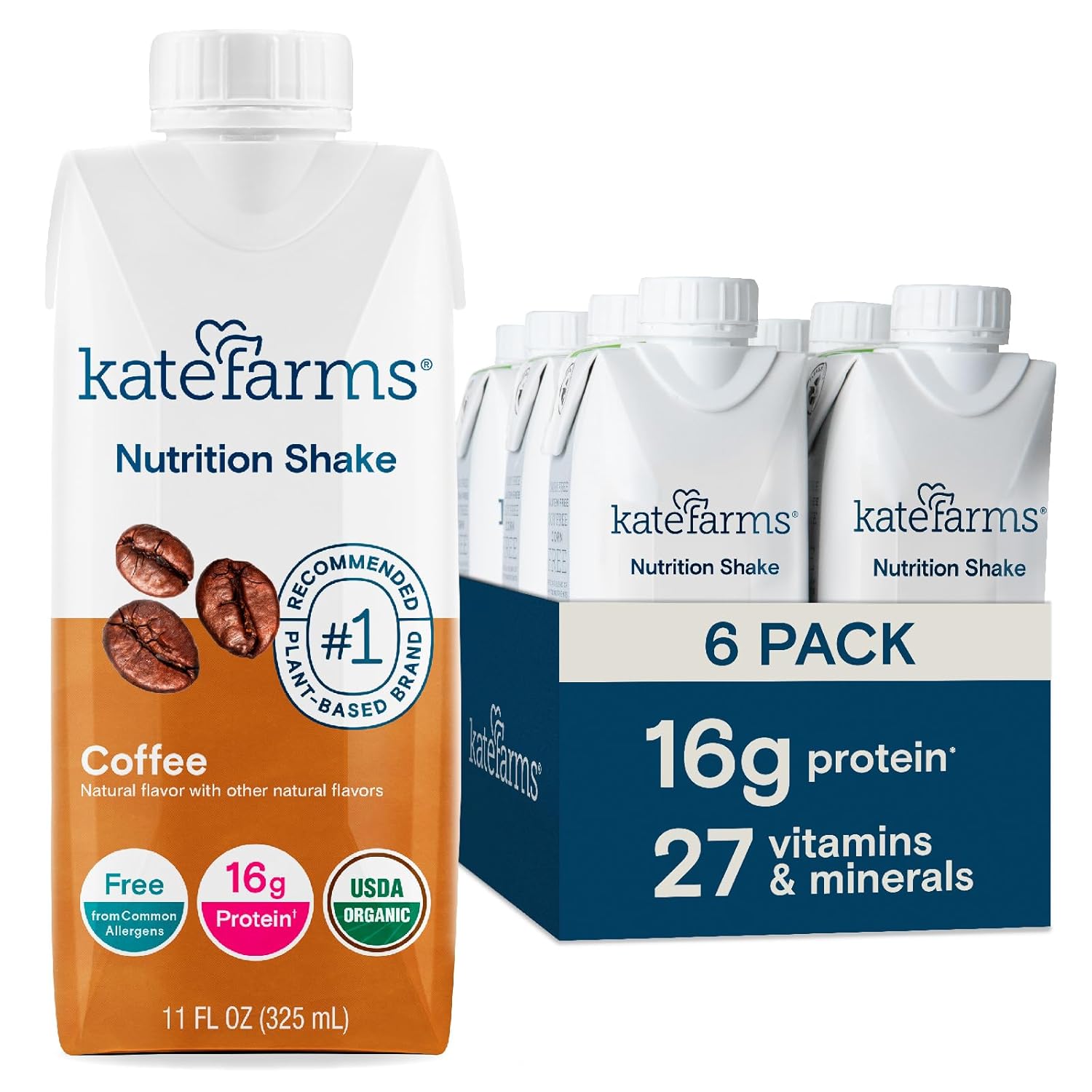 KATE FARMS Organic Nutrition Shake, Coffee, 16g protein, 27 Vitamins and Minerals, Protein Meal Replacement Drink, Plant Based, 11 oz (6 Pack)