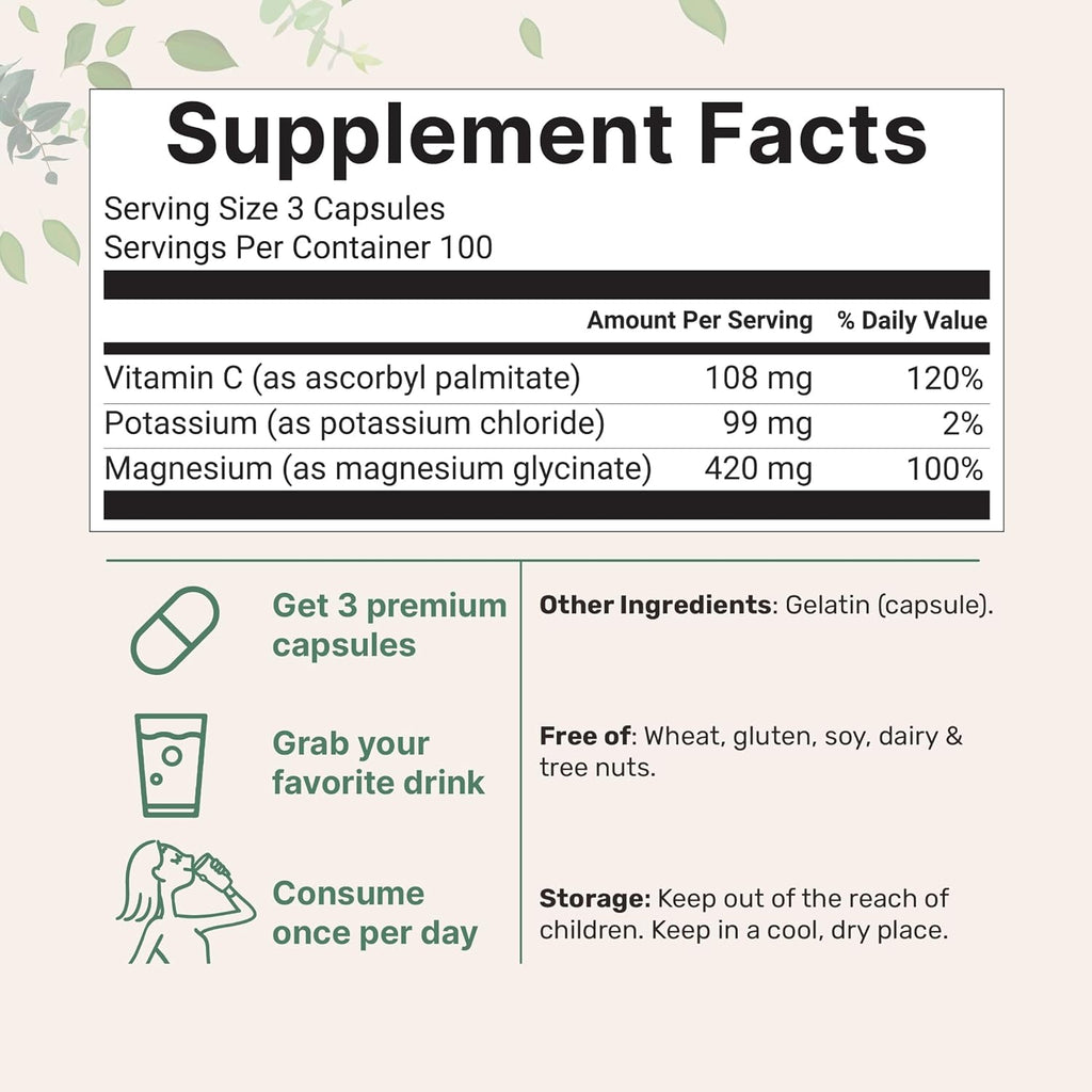 Pure Potassium Supplement with Magnesium Glycinate, 300 Capsules | Enhanced with Fat-Soluble Vitamin C | Chloride + Glycinate Mineral Electrolyte Complex | Only Active Ingredients | Filler Free