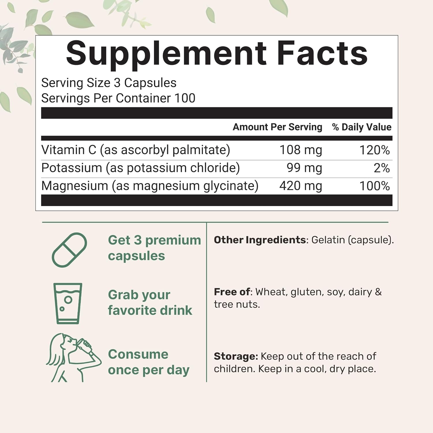 Pure Potassium Supplement with Magnesium Glycinate, 300 Capsules | Enhanced with Fat-Soluble Vitamin C | Chloride + Glycinate Mineral Electrolyte Complex | Only Active Ingredients | Filler Free