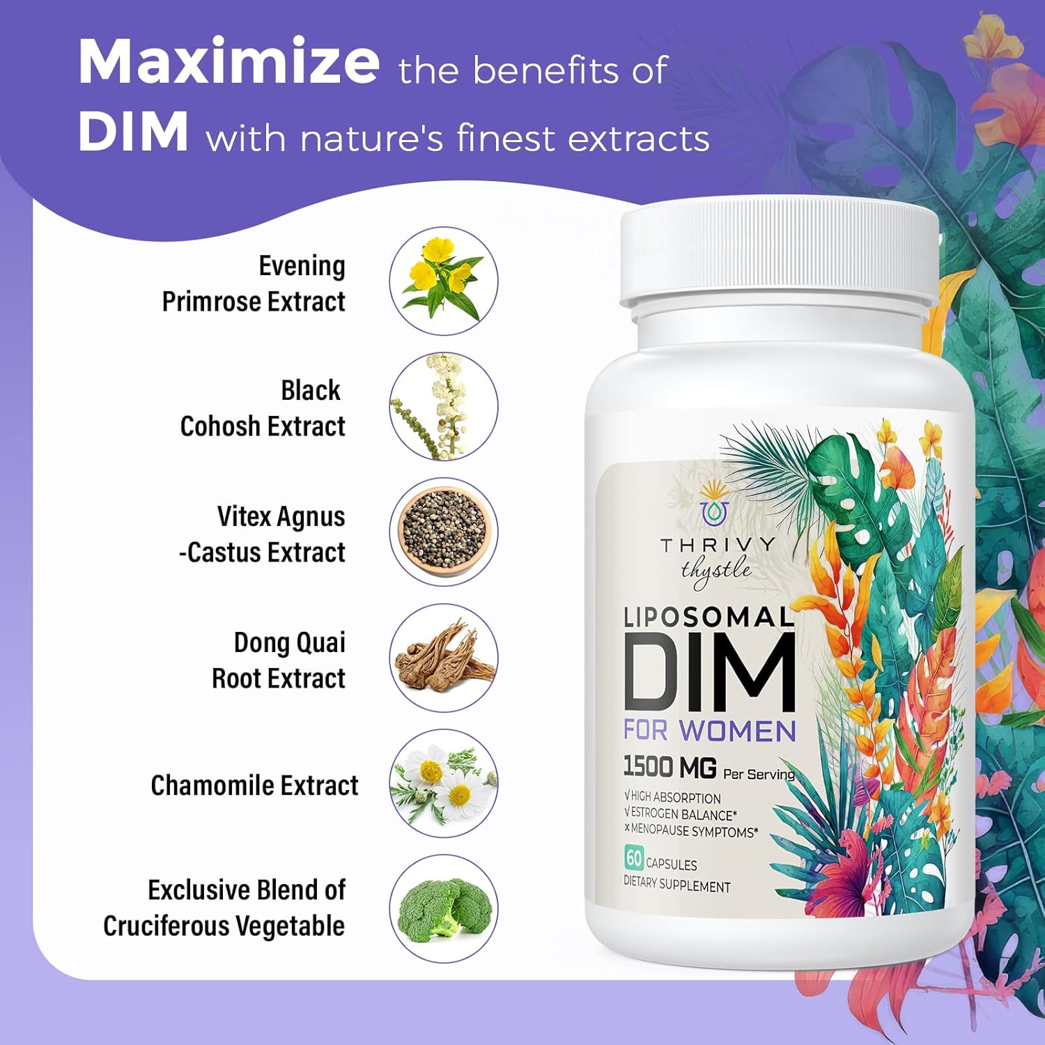 Liposomal DIM Supplement - 1500 mg Women DIM Supplement - Estrogen Supplements Contain Vitamin E, Evening Primrose, Black Cohosh, Omega-3 Fatty Acids (2 Pack)