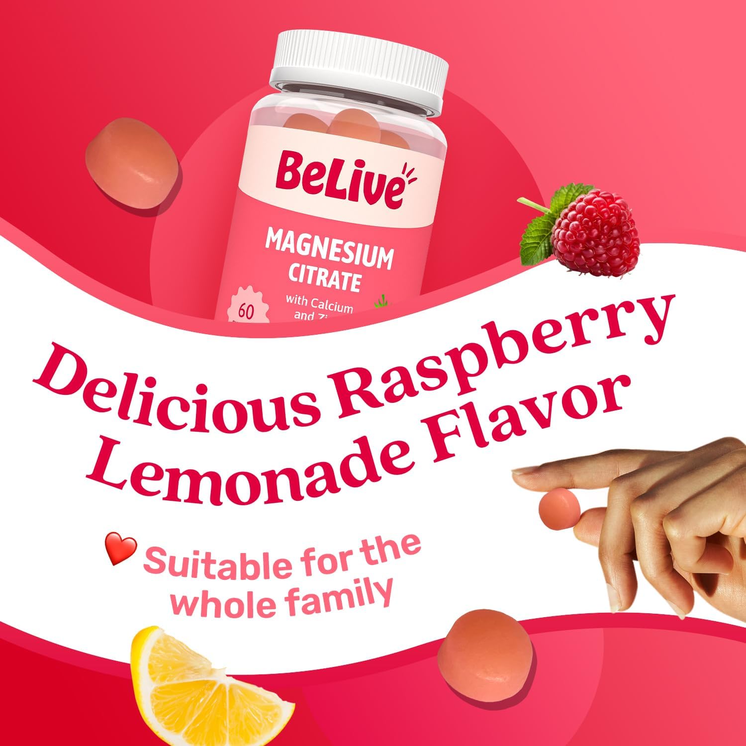 BeLive Magnesium Citrate Gummies with Calcium and Zinc for Adults and Kids - High Absorption Magnesium Supplement for Cognitive, Bone, Muscle and Nerve Health - Raspberry Lemonade - 60 Count