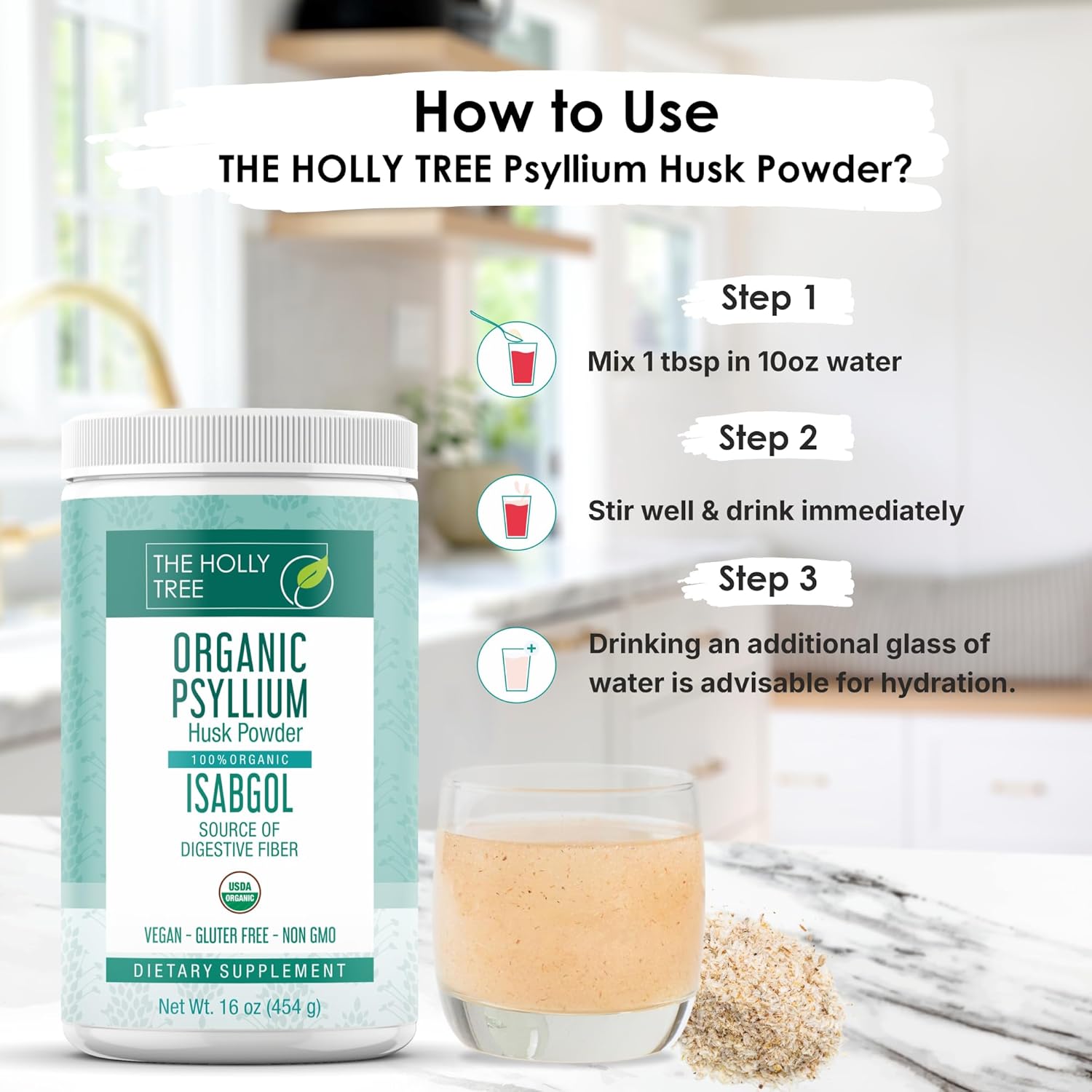 Organic Psyllium Husk Powder 16 oz - Psyllium Husk Powder Organic for Gut Cleanse & Regularity - Premium Fiber Supplement - Vegan, Gluten-Free, Non-GMO, USDA Certified