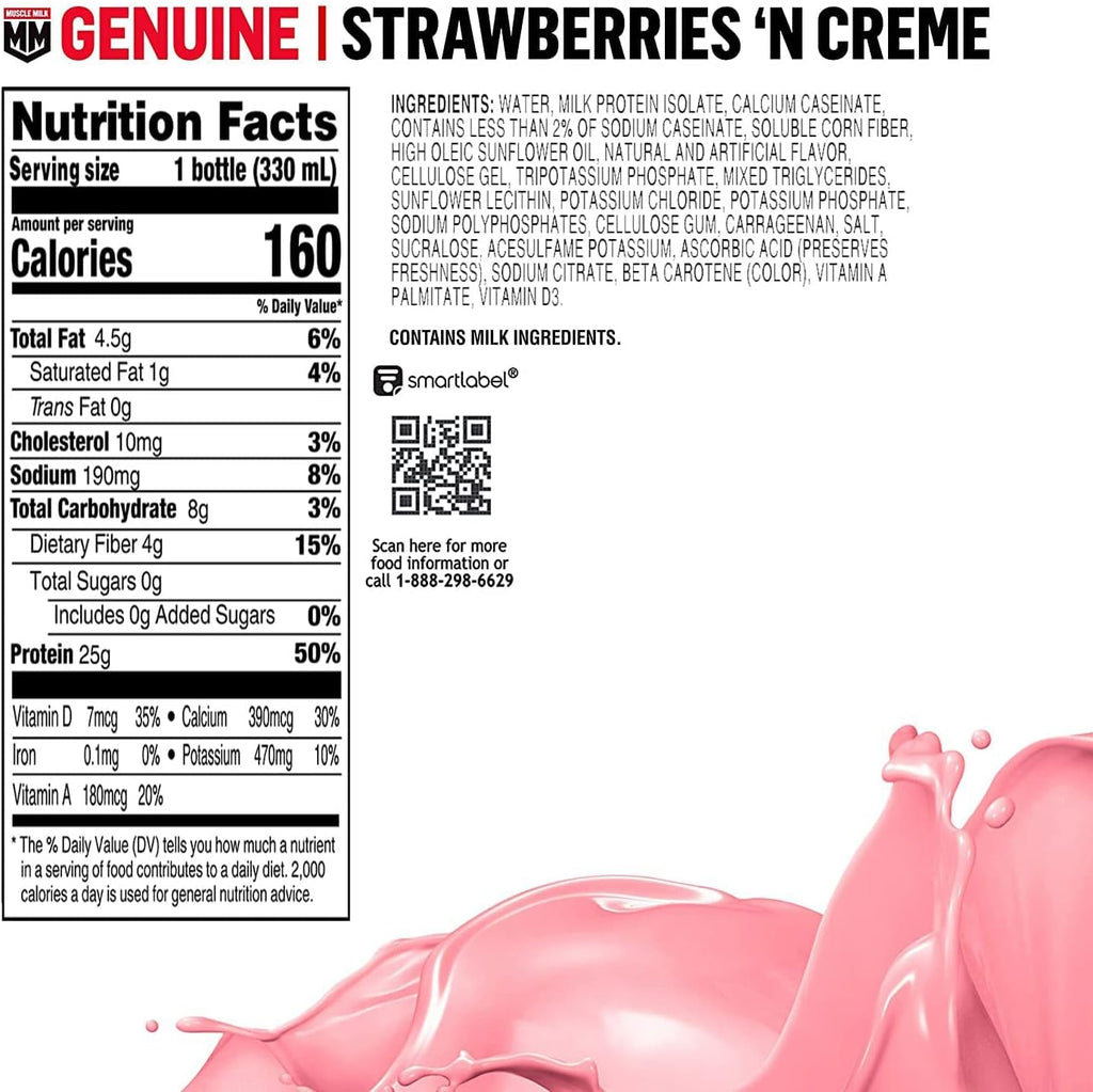 Muscle Milk Genuine Shake, Strawberry, 11.16 Fl Oz Bottles (Pack of 12)