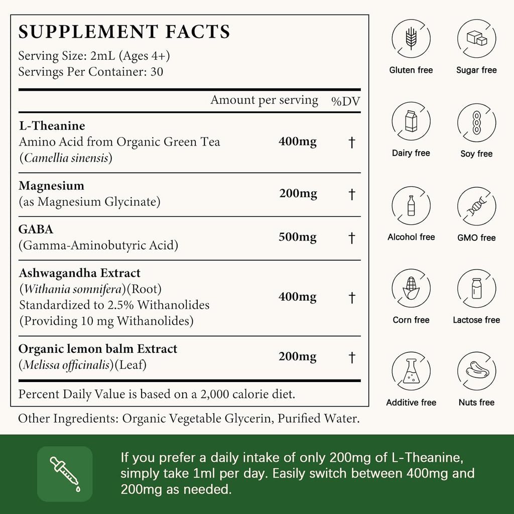 L Theanine 400mg Liquid Drops, L-Theanine Supplement for Adults & Kids with GABA, Magnesium & Ashwagandha, Natural Sleep, Focus & Relaxation Support, Vegan, Alcohol-Free, Non-GMO, 2 FL OZ