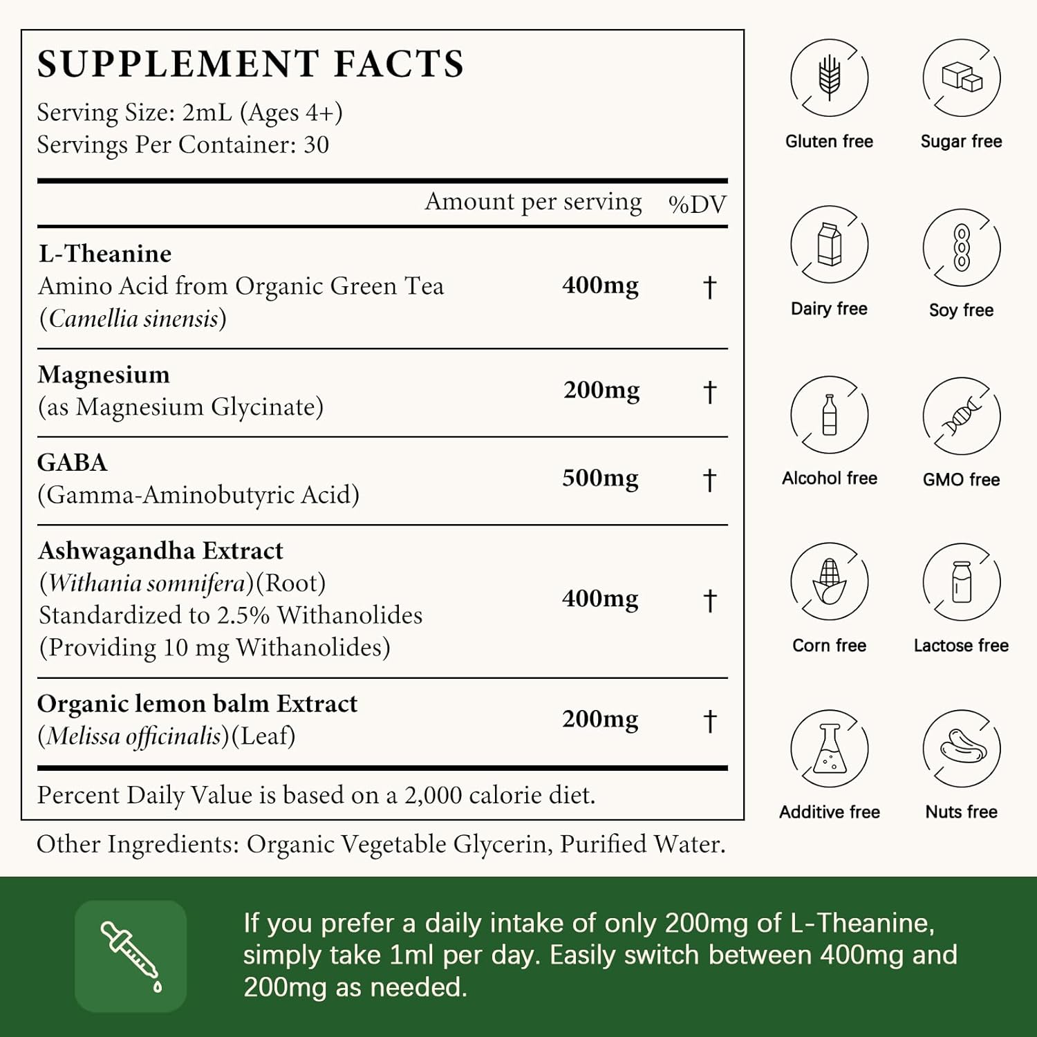 L Theanine 400mg Liquid Drops, L-Theanine Supplement for Adults & Kids with GABA, Magnesium & Ashwagandha, Natural Sleep, Focus & Relaxation Support, Vegan, Alcohol-Free, Non-GMO, 2 FL OZ