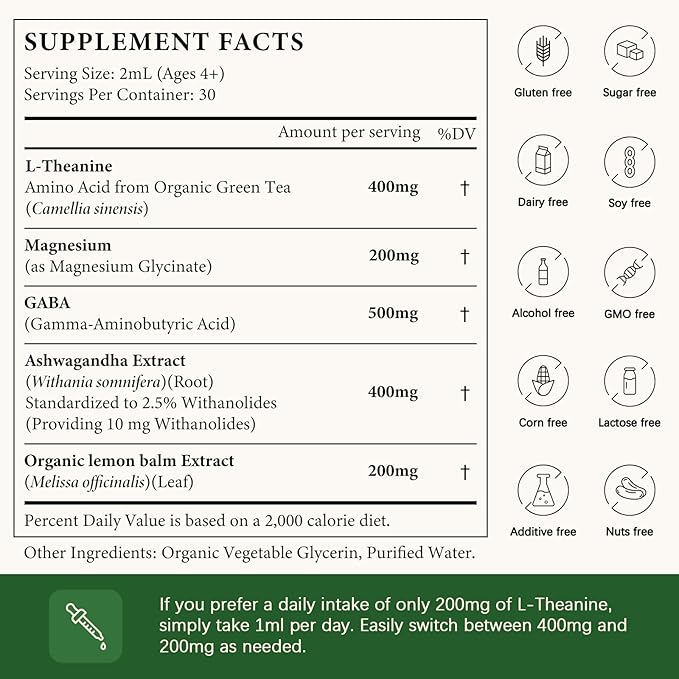 2 Pack L Theanine Drops, L-Theanine Supplement 400mg for Adults & Kids with GABA, Magnesium & Ashwagandha, Natural Sleep, Focus & Relaxation Support, Vegan, Alcohol-Free, Non-GMO, 4 FL OZ