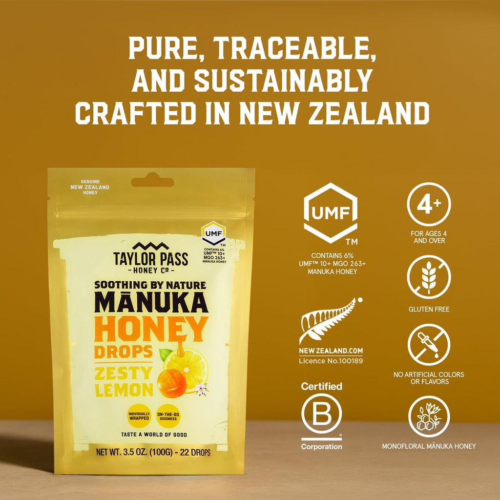 Taylor Pass Honey Co Mānuka Honey Drops UMF™ 10+| Zesty Lemon | Mānuka Honey Lozenges | Soothing Natural Manuka On-The-Go | 22 Individually Wrapped Drops | Made in New Zealand