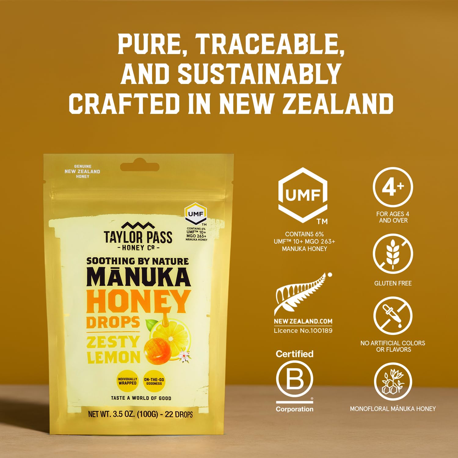Taylor Pass Honey Co Mānuka Honey Drops UMF™ 10+| Zesty Lemon | Mānuka Honey Lozenges | Soothing Natural Manuka On-The-Go | 22 Individually Wrapped Drops | Made in New Zealand