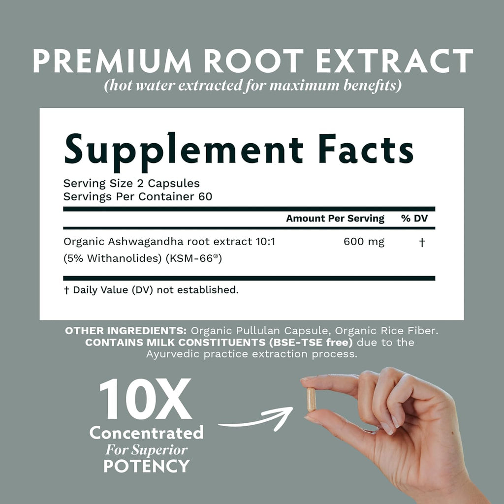 TRIBE ORGANICS Ashwagandha KSM 66 Pure Organic Root Powder Extract Ayurvedic Supplement - Focus, Mood Support, Increase Energy, Strength, 600mg of Natural KSM66 for Superior Absorption - 120 Capsules