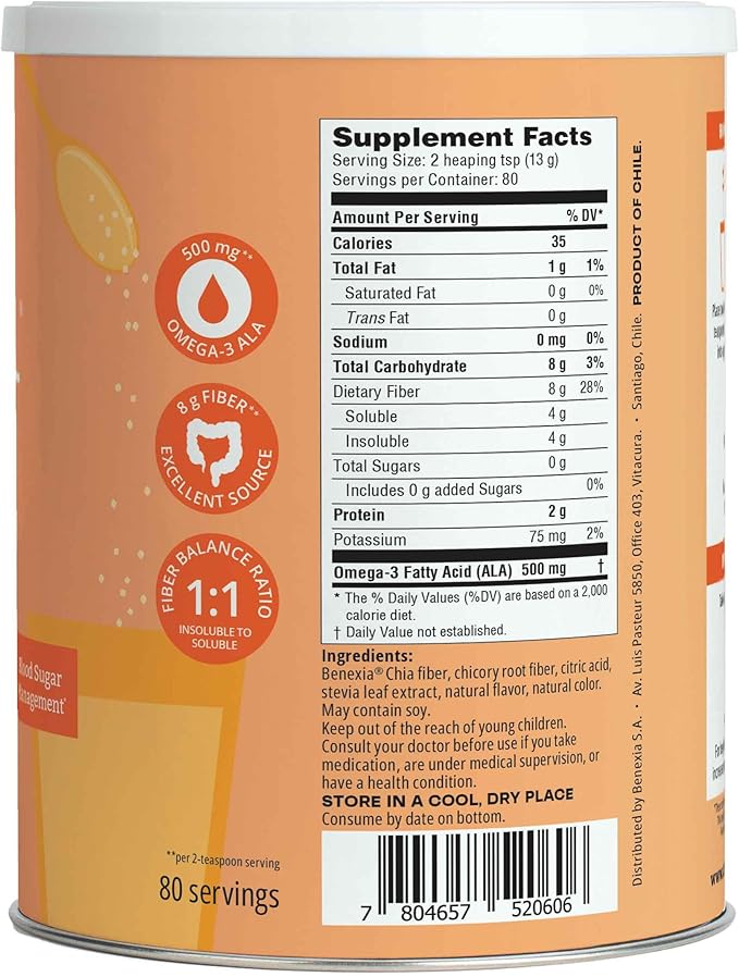 Chiamucil Prebiotic Fiber Supplement Powder – Chia Fiber & Chicory Root (Inulin) for Digestive Health & Appetite Control – Gluten & Sugar Free, Vegan, Non-GMO, Orange - 80 Servings