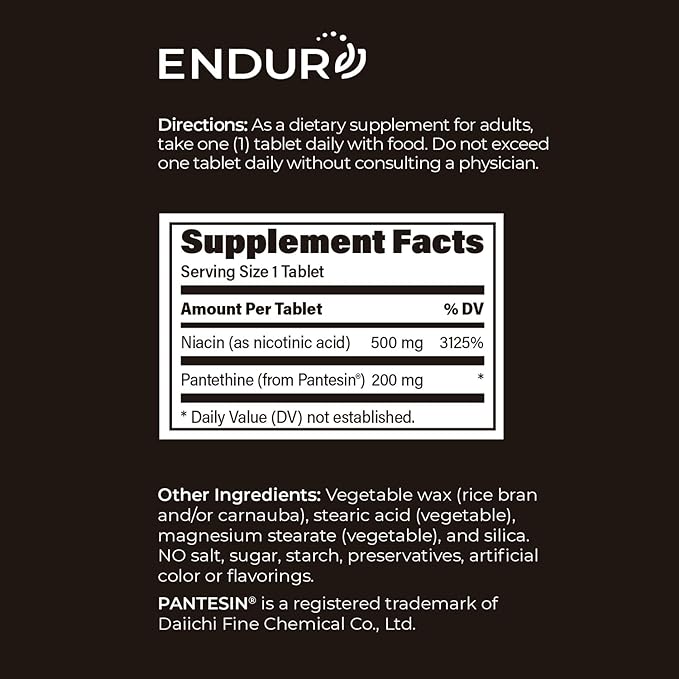 ENDUR-Thine Niacin – Pantethine, Heart & Liver Health Supplement, Efficient Formula for Optimal Absorption, Gluten Free, 500mg (90 Tablets)