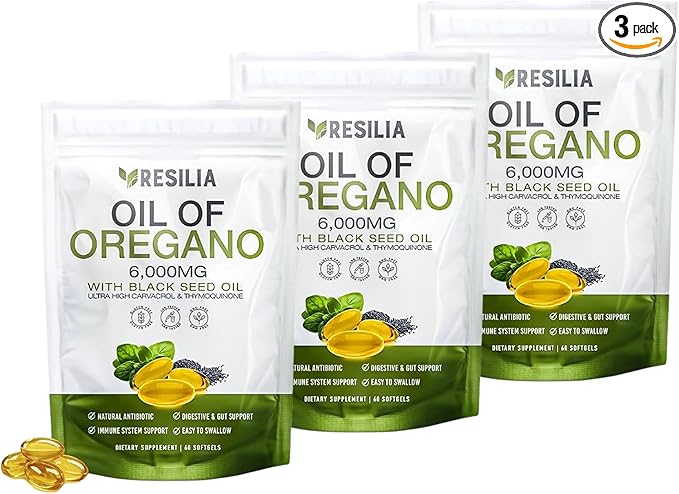 Softgels with Black Seed Oil 6000mg – Organic Oregano Oil Capsules for Immune & Digestive Support – Non-GMO, Gluten-Free Softgels – Natural Herbal Wellness Supplement Pack of 3