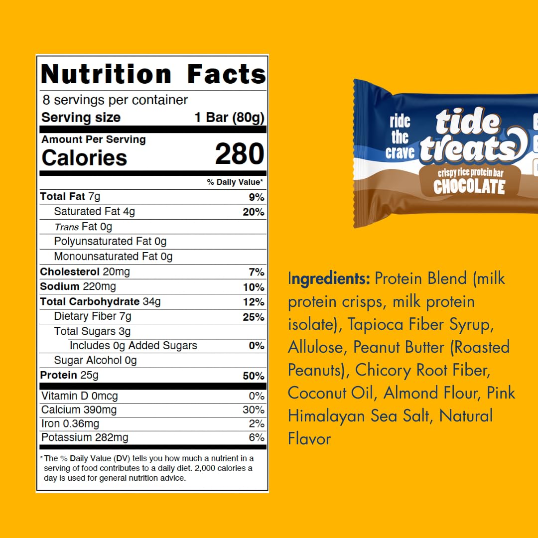 Crispy Rice Protein Treat Bar | 25 g Protein, No Added Sugar, 7 g Fiber, Gluten Free | High Protein Snack for On-the-Go, Post-Workout or Dessert Cravings | 8 Count (Chocolate)