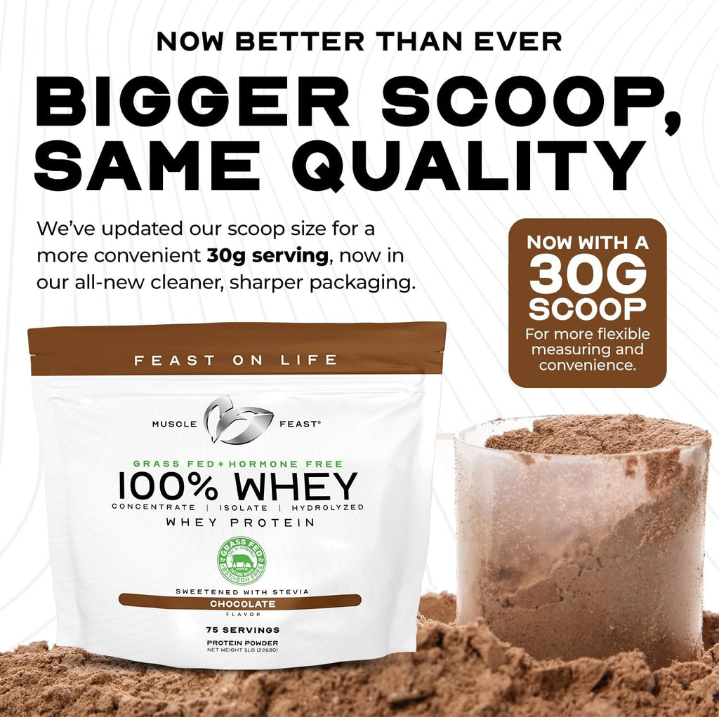 Muscle Feast 100% Grass Fed Whey Protein Powder, All Natural Hormone Free Paure Raised Whey Protein Powder for Women & Men- Whey Concentrate, Isolate & Hydrolyzed Protein Powder Blend- Unflavored, 2lb