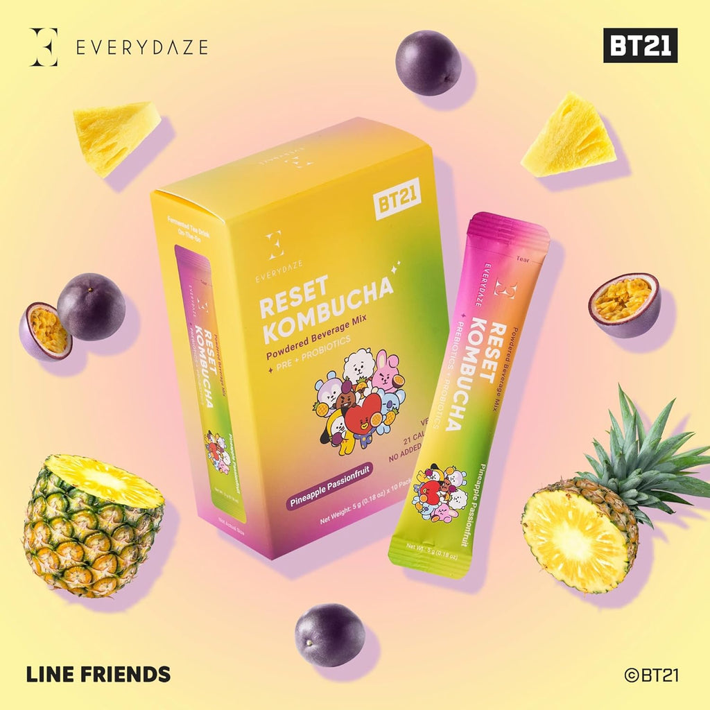Everydaze BT21 Reset Kombucha Tea Powdered Beverage Mix | 10 Sticks | Prebiotics + Probiotics | Vegan | No Added Sugar, Gluten Free, Sparkling Powder Drink Pack (Pineapple Passion Fruit)