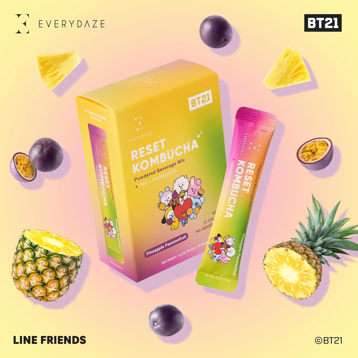 Everydaze BT21 Reset Kombucha Tea Powdered Beverage Mix | 10 Sticks | Prebiotics + Probiotics | Vegan | No Added Sugar, Gluten Free, Sparkling Powder Drink Pack (Pineapple Passion Fruit)