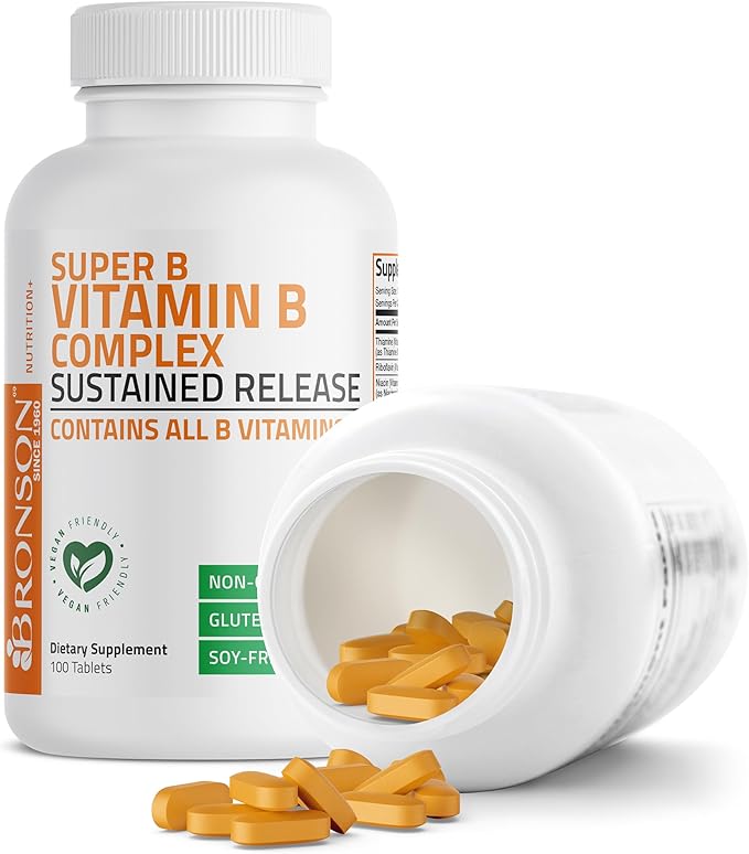 Bronson Super B Vitamin B Complex Sustained Slow Release (Vitamin B1, B2, B3, B6, B9 - Folic Acid, B12) Contains All B Vitamins 100 Tablets