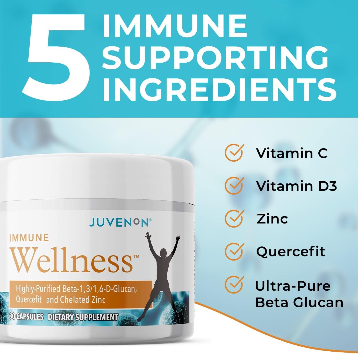Juvenon Immune Wellness Defense Supplement with Vitamin C, Chelated Zinc Immune Booster Antioxidant Benefits for Adults, Healthy Aging, Heart Health, 30 Capsules