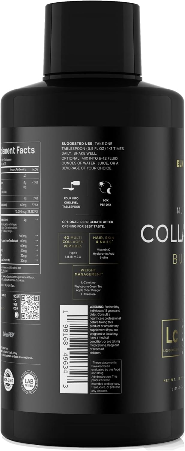 Premium Liquid Collagen for Women Weight Loss & Beauty w. Hyaluronic Acid, Biotin, L-Carnitine, Apple C Vinegar - Ultra Pure Multi Collagen Protein Shots Drink + Hair & Skin Liquid Vitamins - Colageno