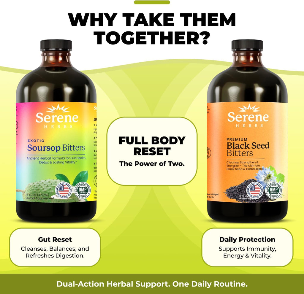 Serene Herbs Soursop Bitters Liquid & Black Seed Bundle – Organic Herbal Guanabana for Digestive Support & Immune Health – Vegan, Non-GMO – 32 oz (16 oz Each), 64 Servings