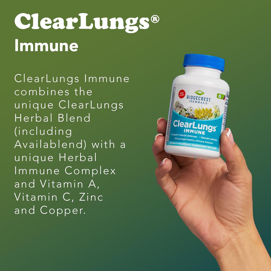 Ridgecrest Herbals ClearLungs Immune, Lung Support Supplement with Mullein, Elderberry, Zinc, Vitamin C, Vitamin A, Olive Leaf (60 Caps, 30 Serv)