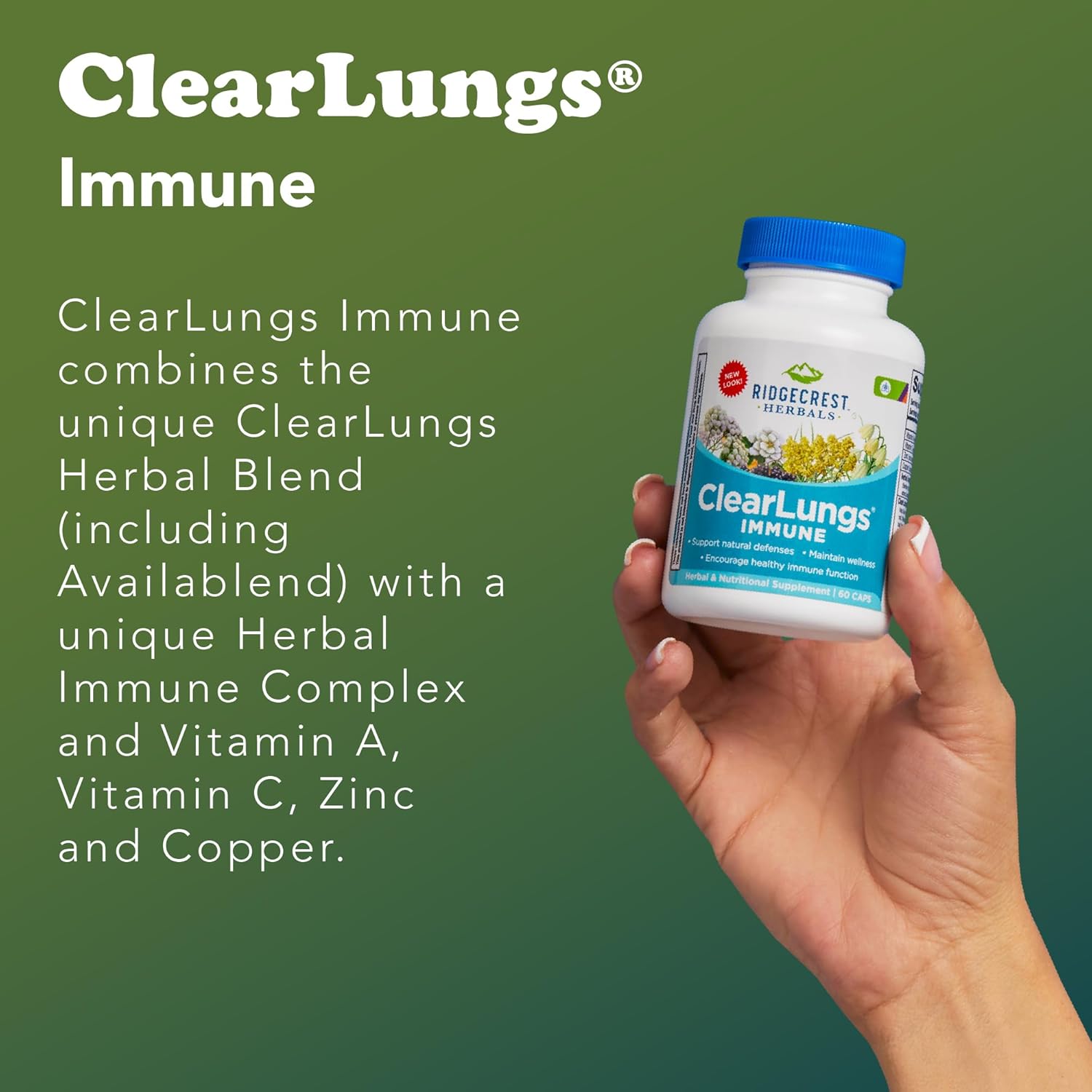 Ridgecrest Herbals ClearLungs Immune, Lung Support Supplement with Mullein, Elderberry, Zinc, Vitamin C, Vitamin A, Olive Leaf (60 Caps, 30 Serv)