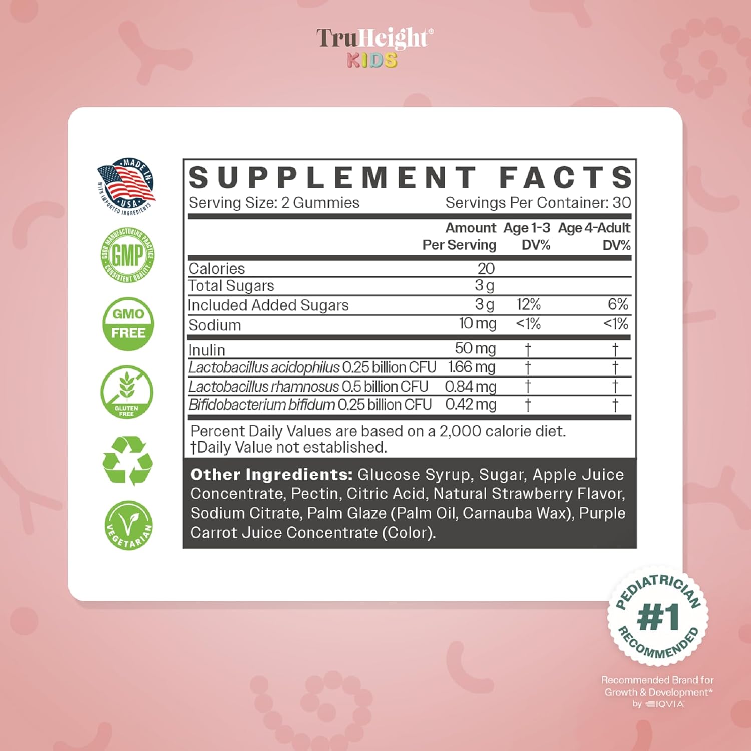 TruHeight Kids Prebiotic & Probiotic Gummies Ages 2+ (Strawberry Flavor) Toddlers & Kids All Natural Gut Health, Digestive Enzymes, Stomache Ache, Constipation Relief Supplement - Pediatric Vitamins